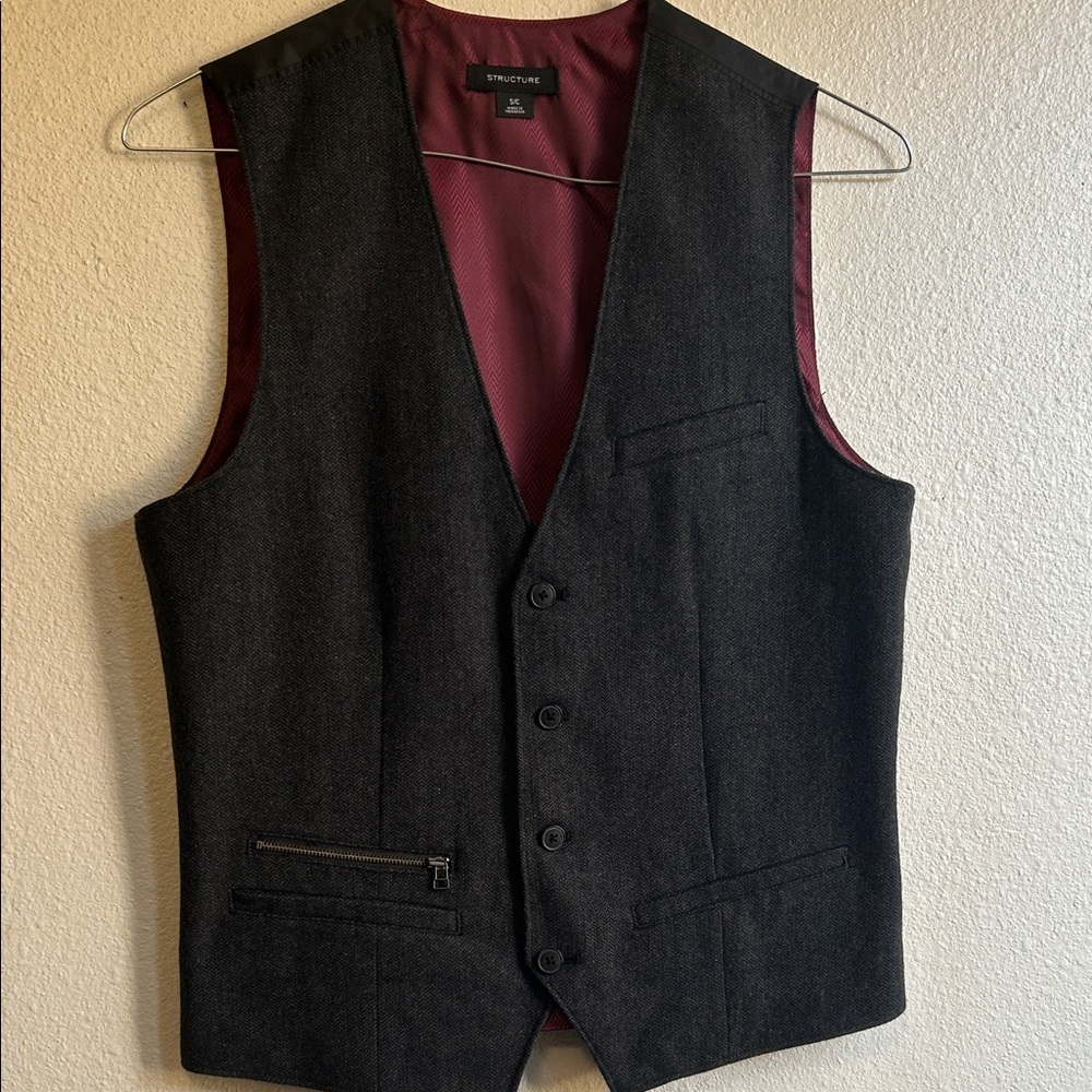 Structure Charcoal Vest with Deep Red Lining